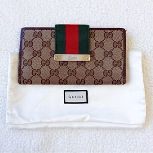 VTG Auth GUCCI Sherry Line GG Canvas Brown Long Wallet W/Dust Bag Fair Condition